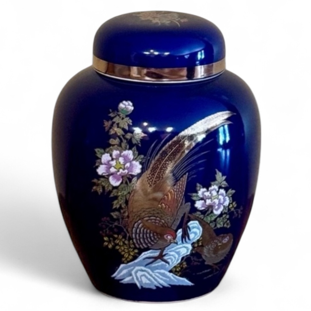 Cobalt Blue Porcelain Ginger Jar and Lid Pheasant & Floral Design Vintage